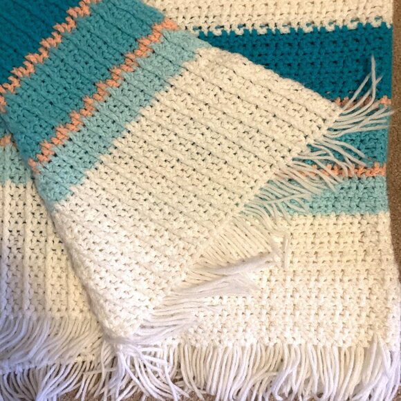 Handmade Crochet Blanket Throw Bedding Blue White - Picture 3 of 4